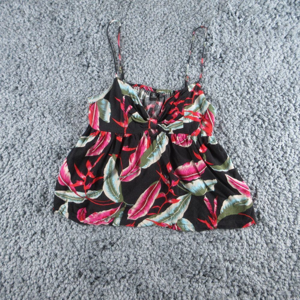 Volcom Shirt Womens Medium Black Red Floral Sleeveless Spaghetti Strap Pullover